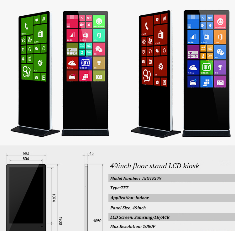 High Brightness Touch Screen Monitor Floor Stand , Digital Advertising Displays 43 - 65 Inch