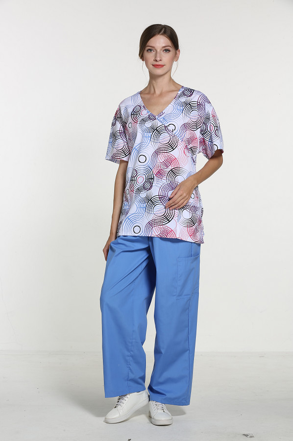 155 GSM V Neck Rolled Collar Nurse Print Short Sleeve Medical Uniform Wrinkle-free