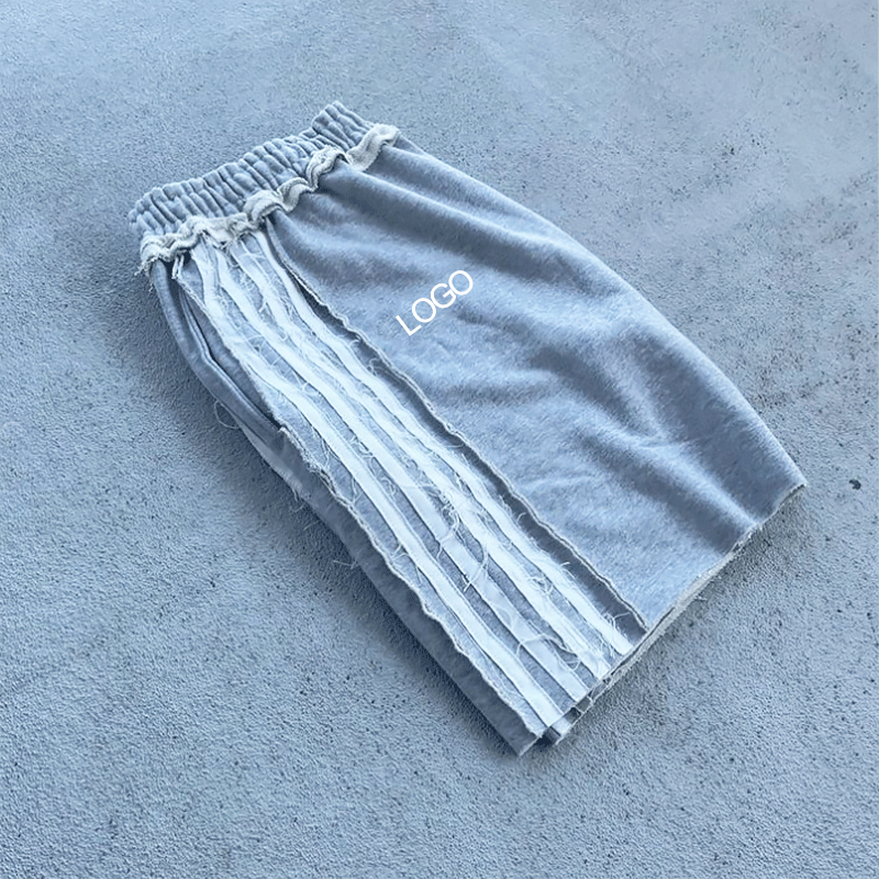 Custom Print Embroidery Logo Distressed Stripe Raw Hem Vintage Men's Shorts French Terry Cotton Jogging Shorts