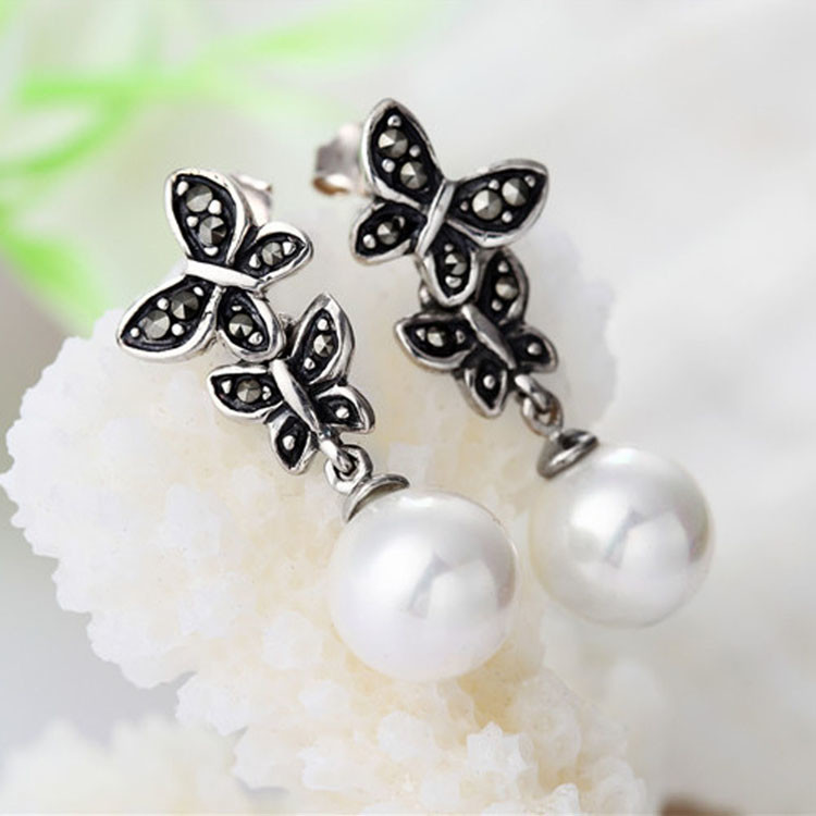 925 Silver White Simulated Shell Pearl Dangle Earrings Vintage Old Jewellry (E12144)