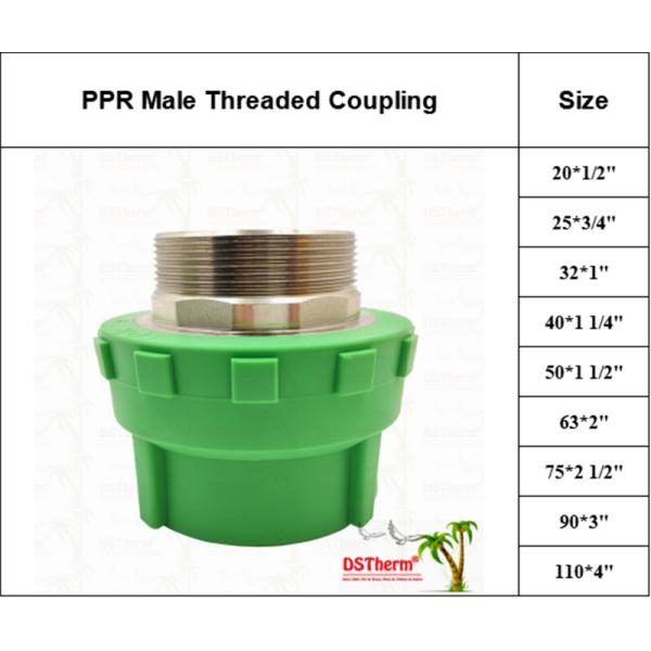 PPR Male Threaded Coupling Plastic PPR Pipe Fittings 75*2 1/2" Customized Size