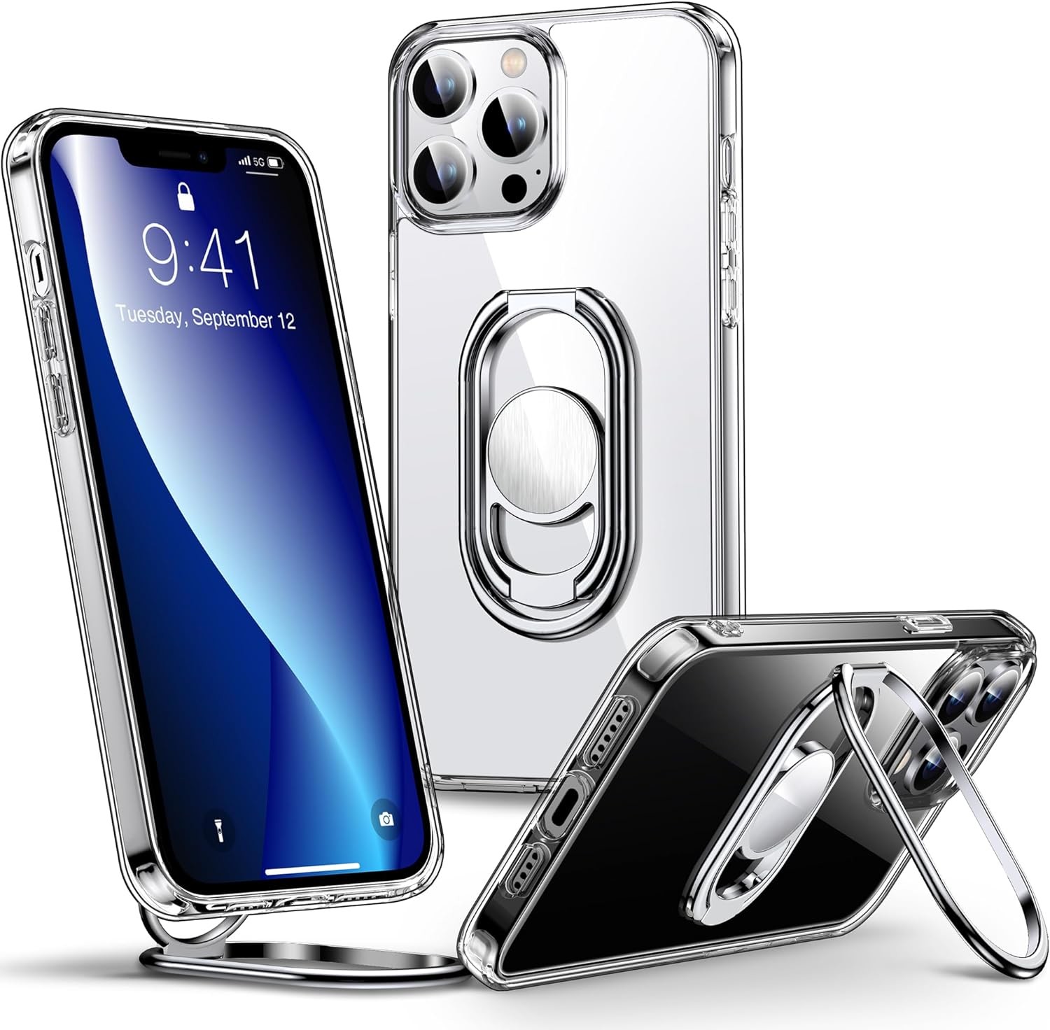 Shields Up for iPhone 12 Pro Max Case with Stand, Phone Case Clear with Double Ring Holder [Adjustable & Foldable]