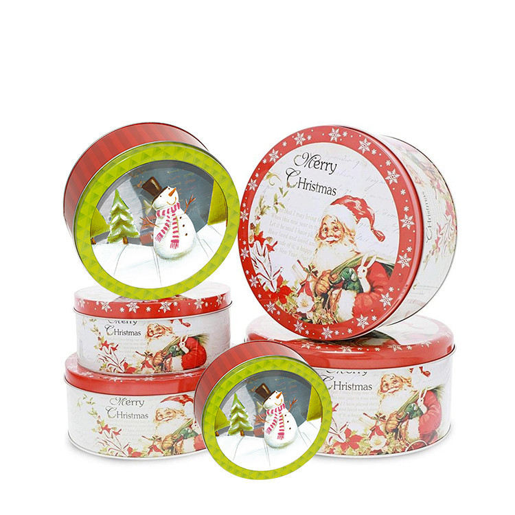 Round Tin Cans Holiday Tin Box Sets Christmas Gift Metal Tins with Lids Printed Tin Cookie Jar