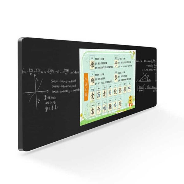 A smart blackboard displaying an educational chart and diagram on its central screen