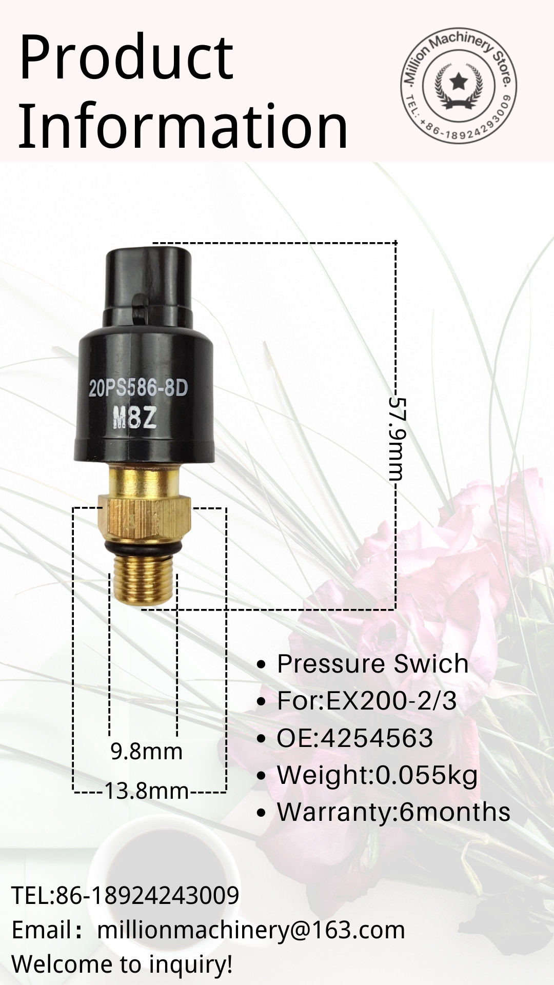 4254563 Excavator Accessories 20PS586-8D M8Z Pressure Swich Sensor HITACHI EX200-2 EX200-3