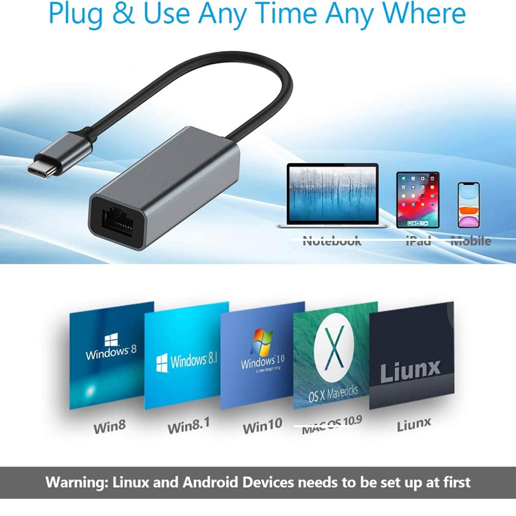 Plug and Play USB 3.0 Type C Male to Gigabit RJ45 Ethernet Network Lan Adapter for Laptop Computer