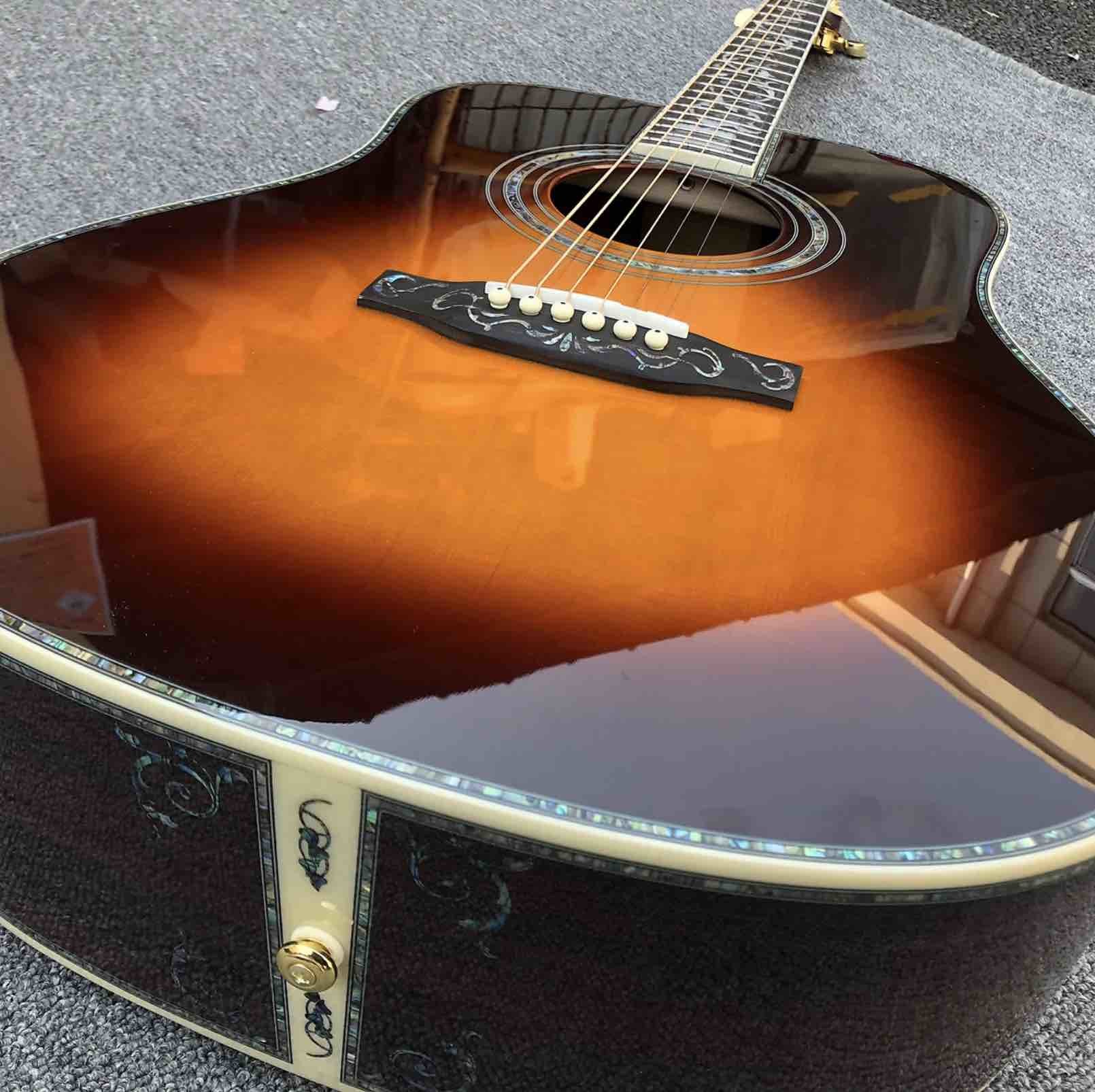 Real Abalone inlays Sunburst Solid spruce top 41 inch D style Acoustic Guitar with ebony fingerboard