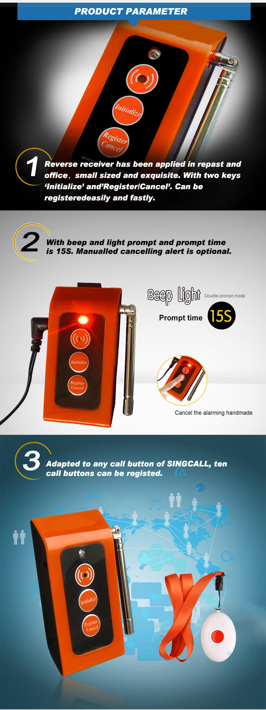 Wireless elderly person pager system long accept distance emergency alarm with call button