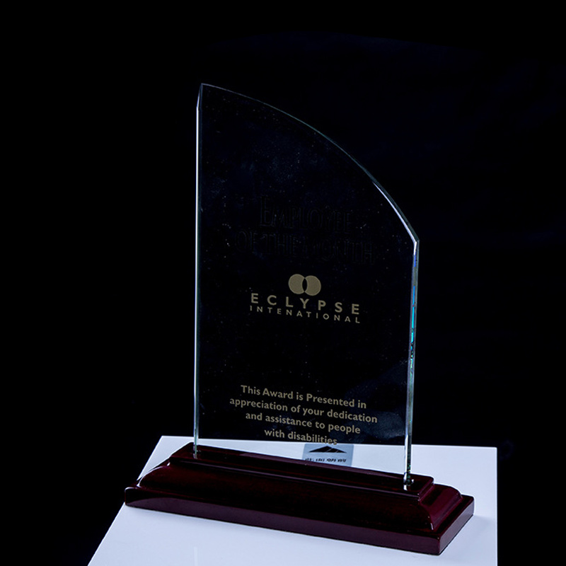 Customized shape laser engraving logo foil gold silver wooden base trophy