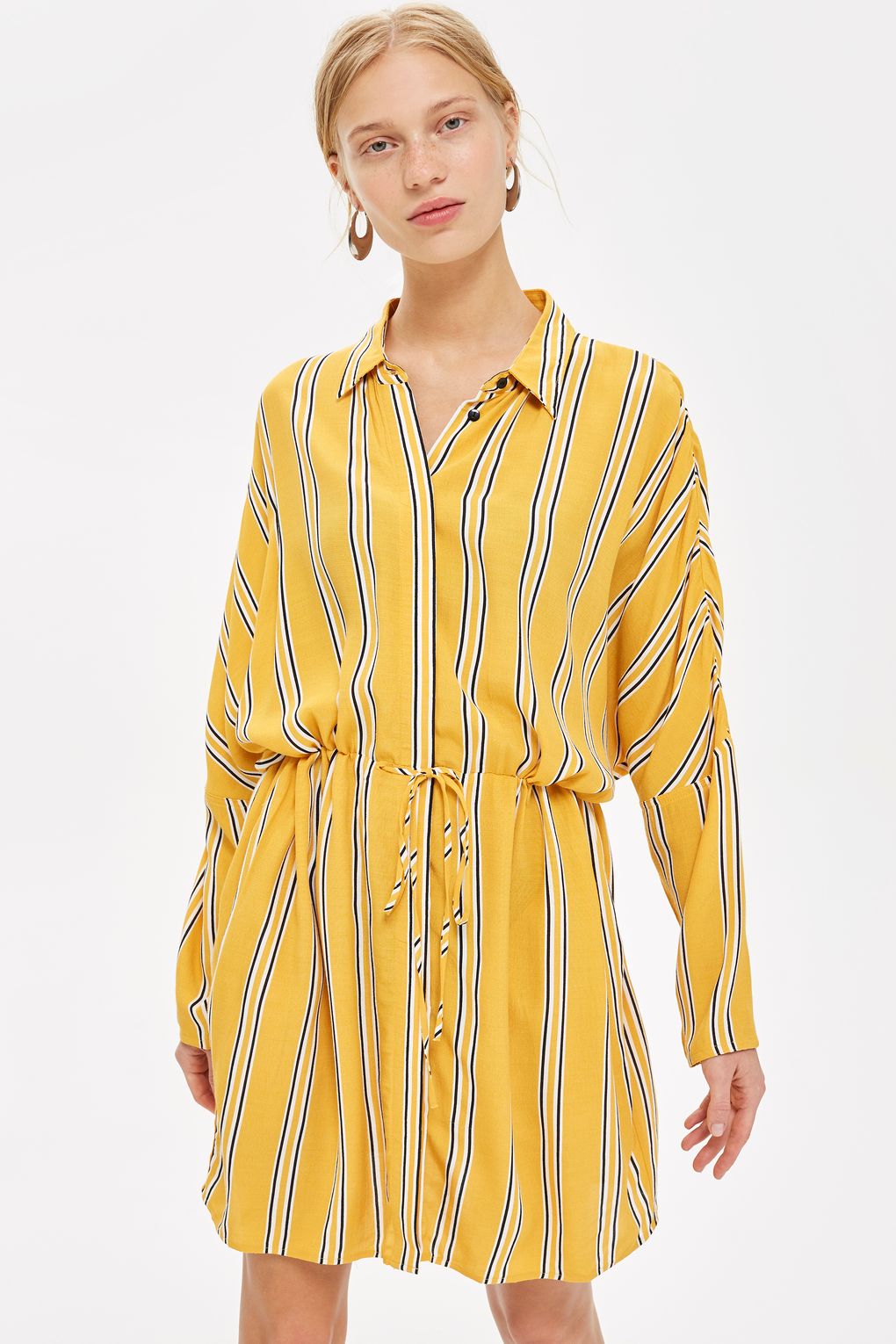 Yellow Stripe Drawstring Ladies Casual Shirt Dress Long Sleeve for Women