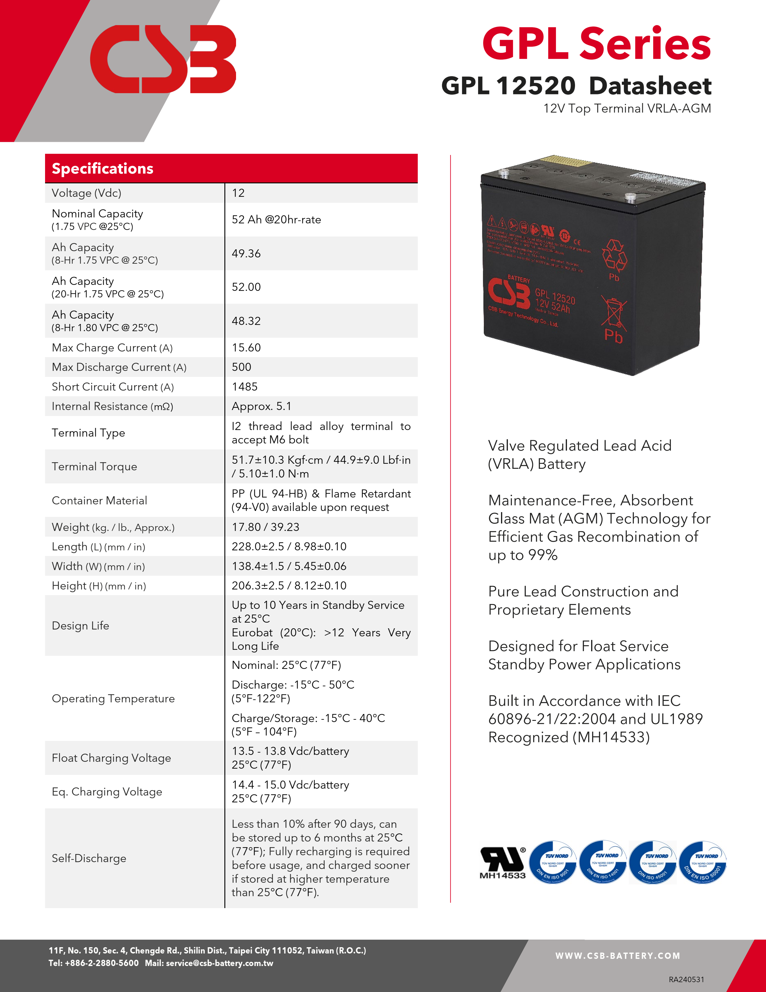 CSB Battery GPL12520 12V 52Ah Sealed Lead Acid Battery Long Life Rechargeable Battery for UPS