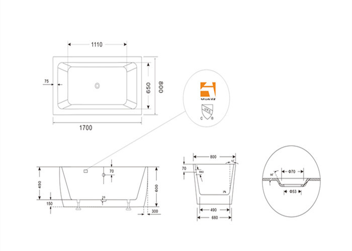 Large Volume Free Standing Garden Tub , Luxury Soaking Tubs 1700 * 800 * 600mm