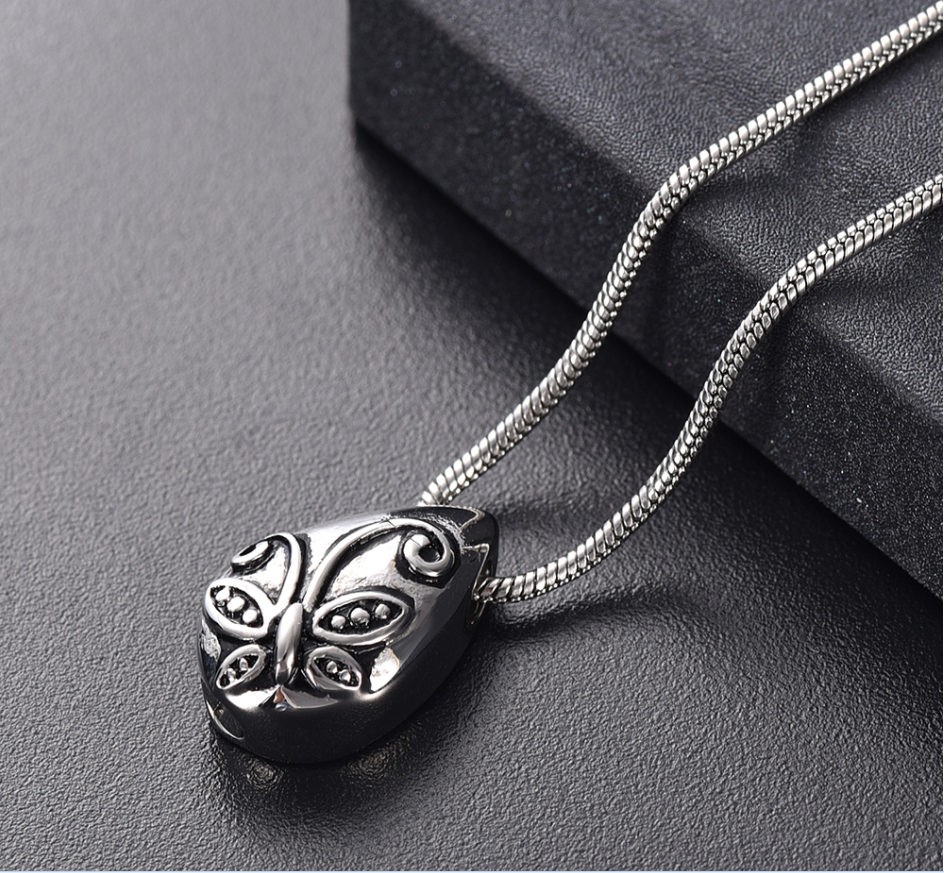 Jewelry Type Butterfly Carved Teardrop Stainless Steel Cremation Pendant for Memorial
