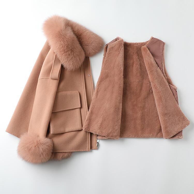 Korean Style Fall Winter Short Real Fox Fur Coat Women Genuine Wool Coat for Women with Fur Collar