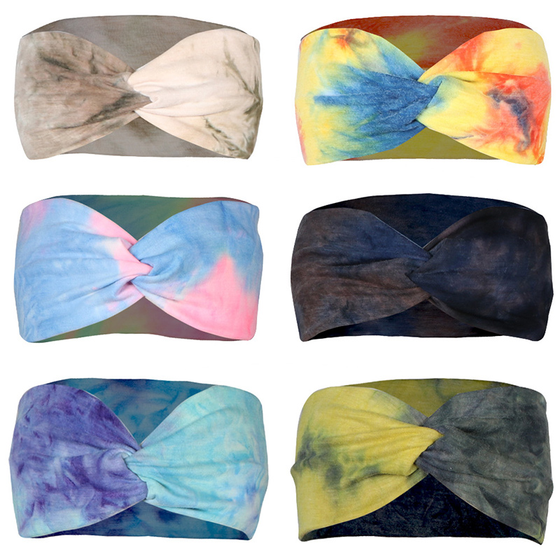 Multicolors Women Head Scarves Elastic Cross Tie Dye Headband