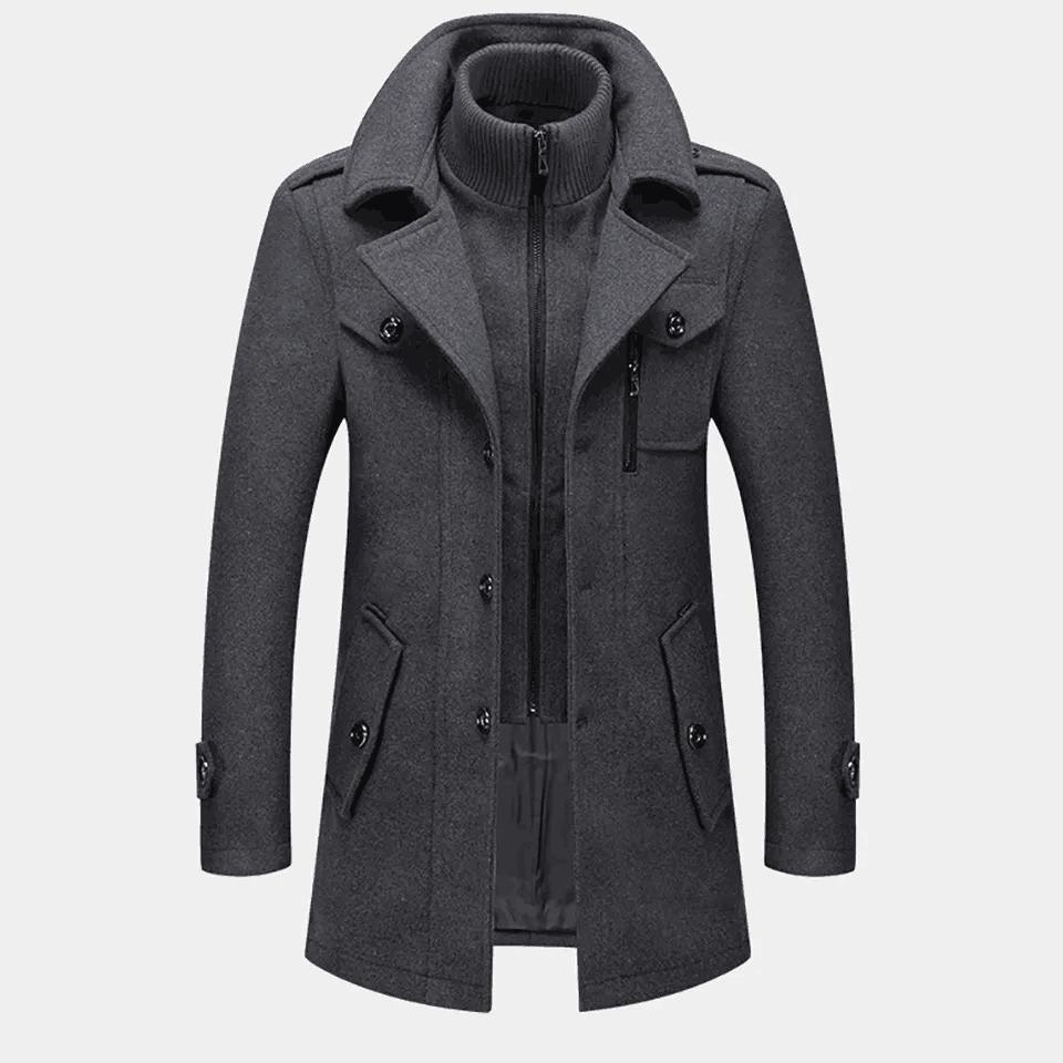 Autumn and Winter New Men&prime;s Double Collar Woolen Warm Plus Size Long Coat Windproof Jacket for Men