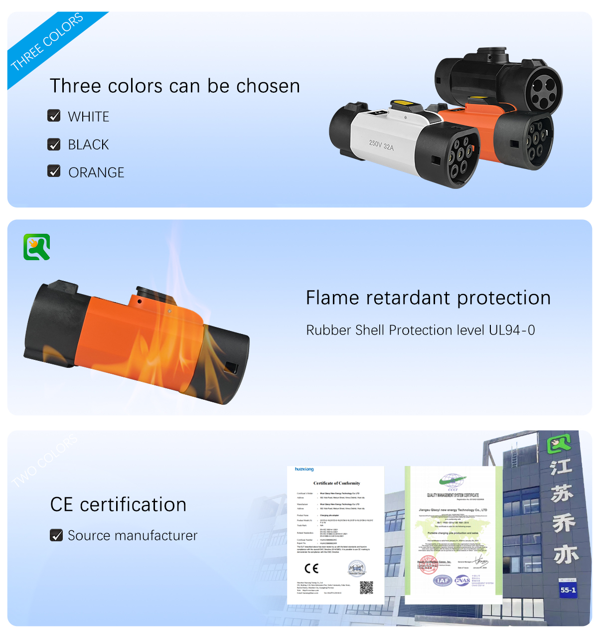 220V Operation Voltage Type1 to Type2 EV Charging Connector 7KW 32A J1772 Portable Car Adapter Charger for Type2 Car