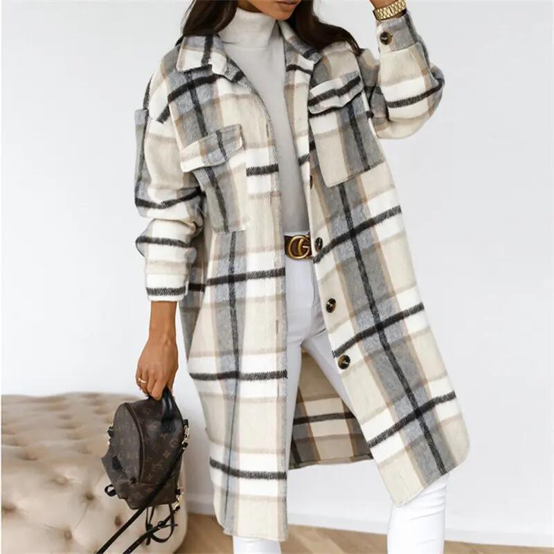 Autumn Winter Coats for Women 2023 Lapel Pocket Long Plaid Shirt Jacket Coat Woolen Fleece Plaid Long Coats for Women