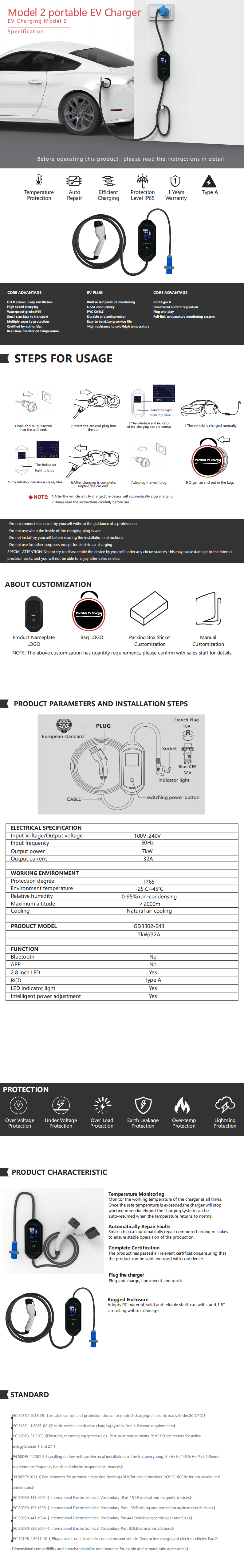 American Standard 7KW 32A 12KW 50A Electric Car Charging Station 12 kw Ac Ev Charger Maximum output current 100A