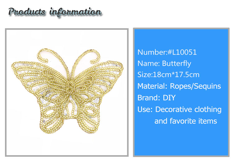 Beautiful Golden Butterfly Iron On Patch , Sequin Washable Animal Iron On Patches