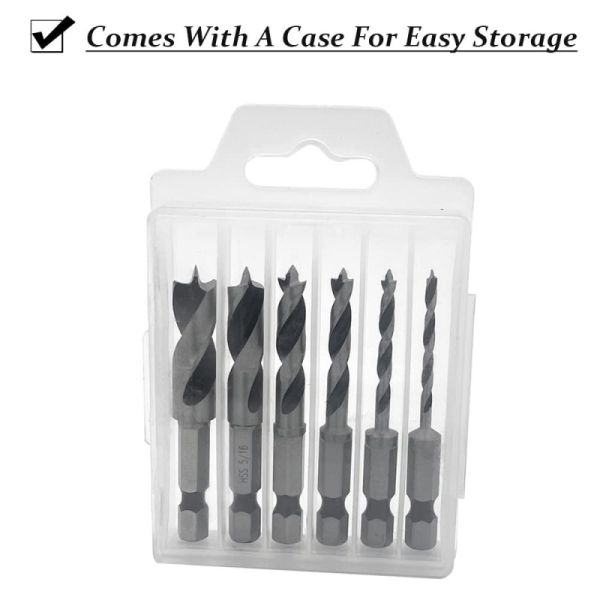 4241 Stubby Auger Bit Set 6pcs 1/4" Hex Shank Brad Point Drill Bits