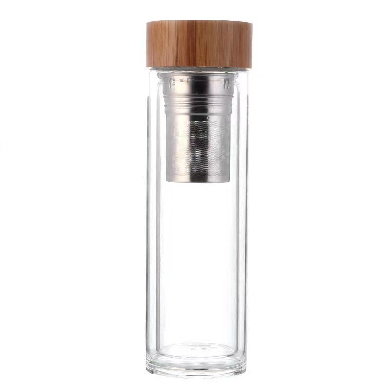 Custom Logo Leak Proof Double Wall Tea Infuser Bottle Double Insulated Glass Water Bottle With Bamboo Lid 350ml/400ml/450ml Reusable Eco Friendly