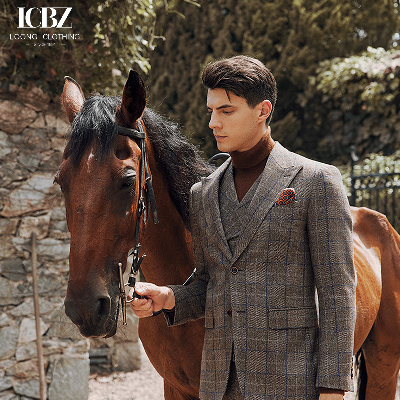 Customized Color Brown Plaid Wool Suit for Men Formal end Commuter Casual Three-piece Suit
