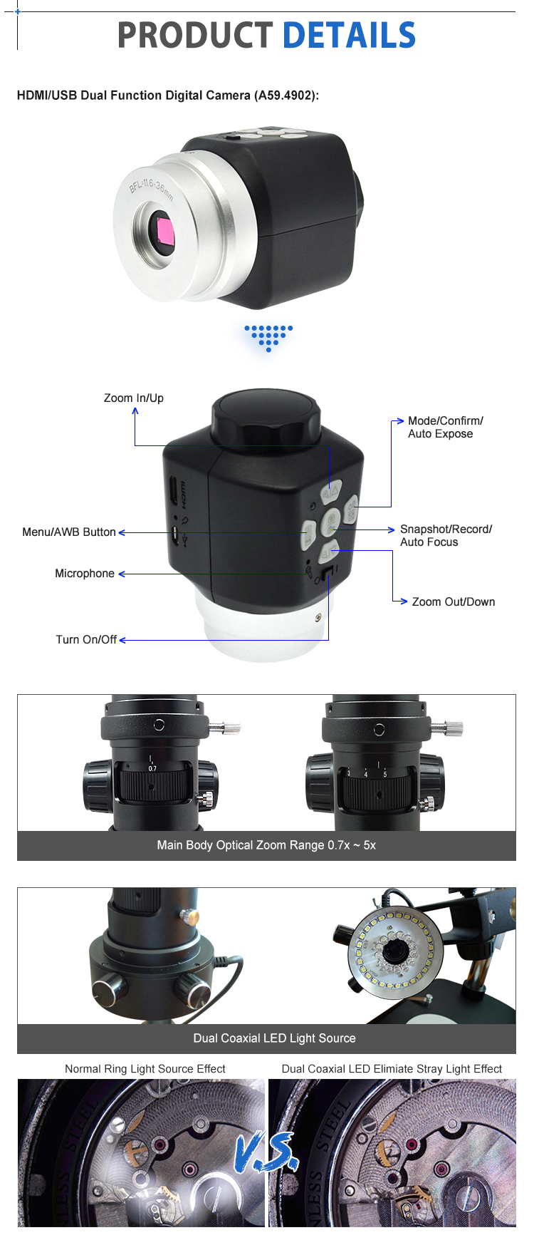 Monocular HDMI Digital USB Microscope A34.4904 - H2 With Dual Coaxial LED Light Source