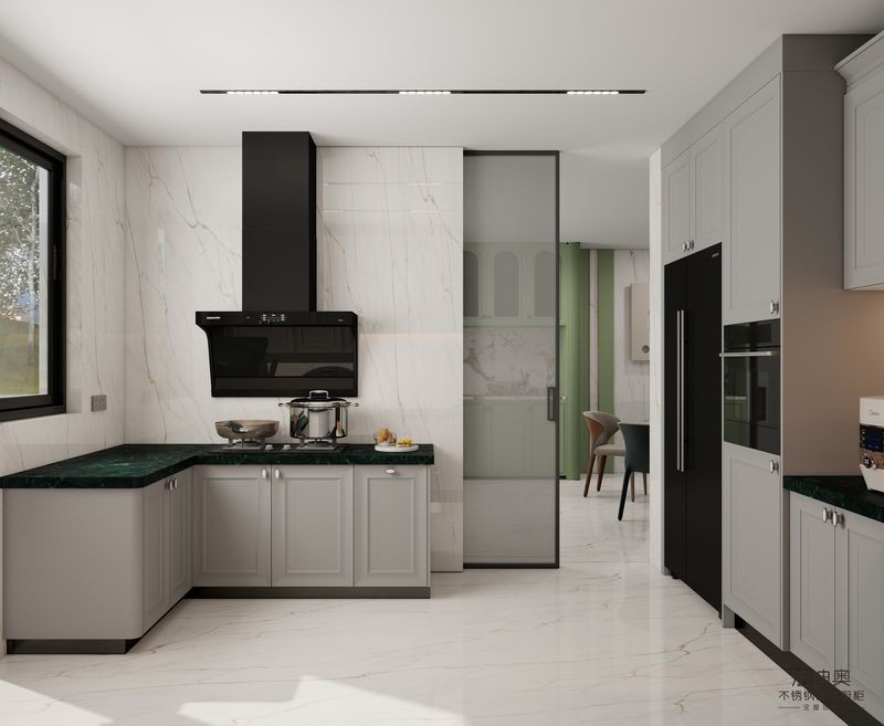 Timeless Stainless Steel Kitchen Cabinet With Dark Green Quartz Countertop And Raised Panel Doors