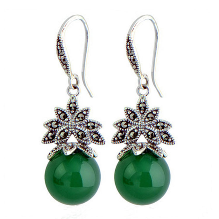 Sterling Silver Green Agate Bead Dangle Hoop Earrings Thai Vintage Jewellery (E12035GREEN)