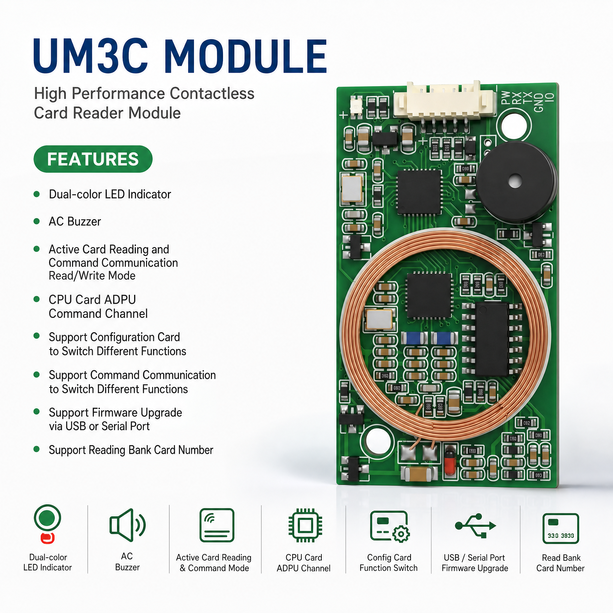 JP-UM3C Multi-Frequency Card Reader Module, 13.56MHz+125kHz, USB+UART+Wiegand, for Access Control and Time Attendance