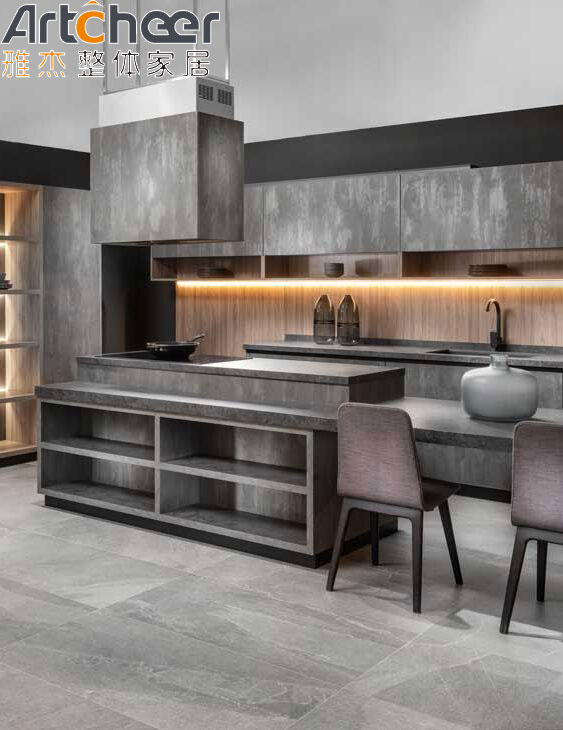 Modern Kitchen Furniture with Dark Grey Marble Look Finish and Flat Edge Countertop