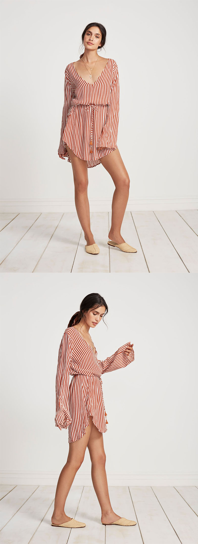 Summer Wholesale Design Striped Long Sleeve Casual Woman Dress