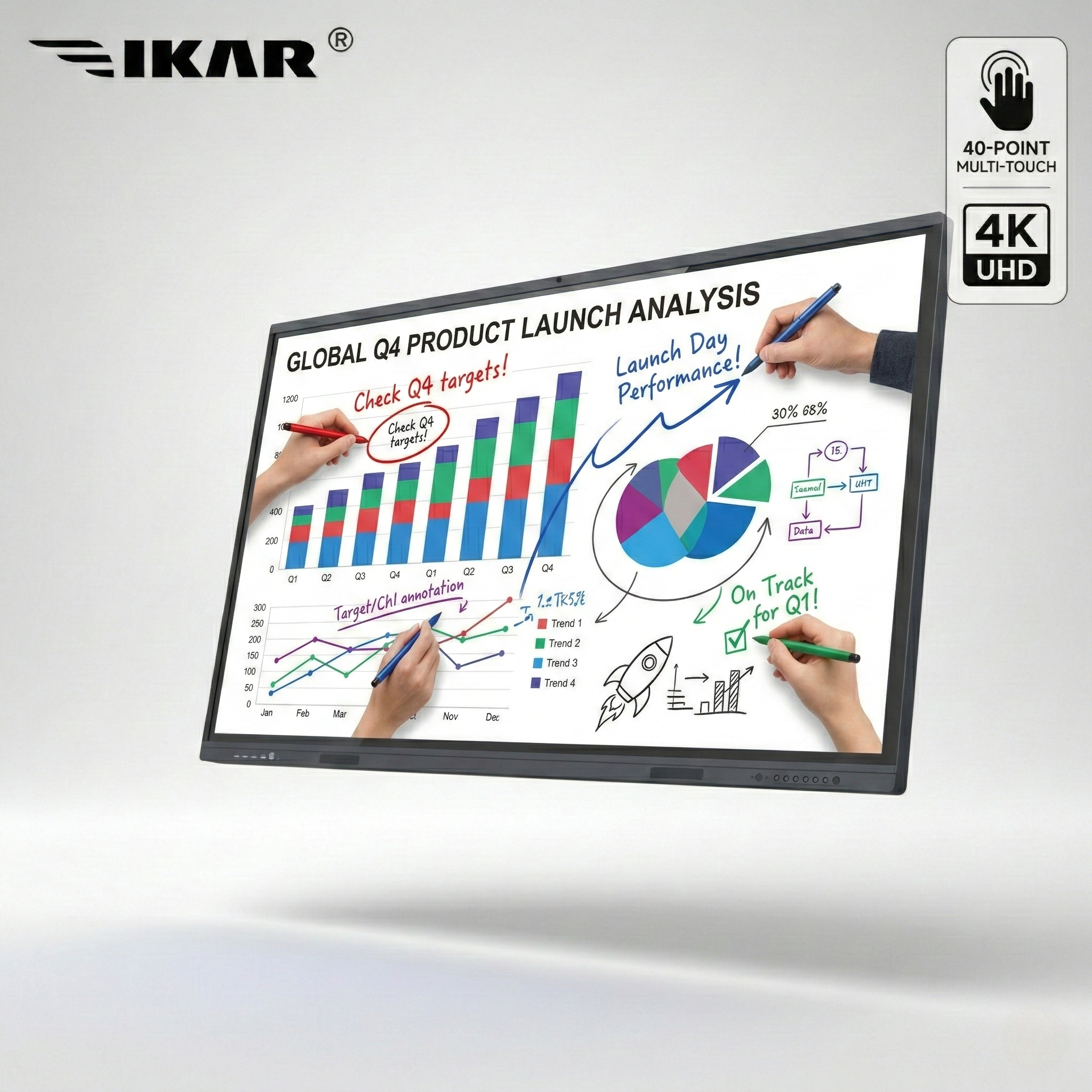 65 Inch 4K UHD Interactive Flat Panel IFPD 16+256G Android Windows Touchscreen Smart Whiteboard AI Person Tracking Camera Multi-Touch Electronic Board