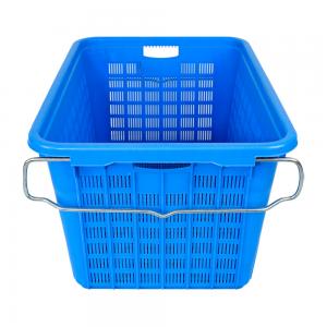 China Fruit Vegetable Basket Plastic Storage Crate Mesh Turnover Plastic Nestable Basket Metal Handle on sale
