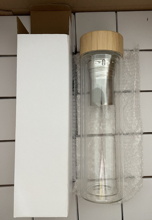 Custom Logo Leak Proof Double Wall Tea Infuser Bottle Double Insulated Glass Water Bottle With Bamboo Lid 350ml/400ml/450ml Reusable Eco Friendly