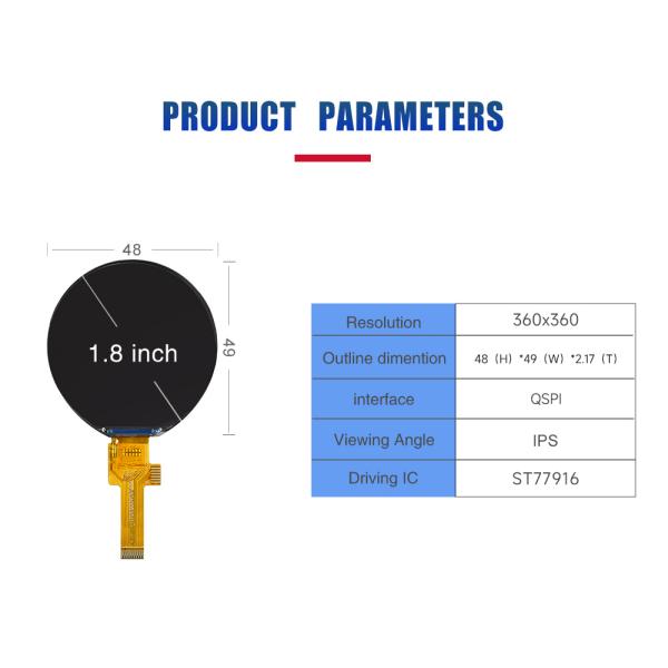 1.8 Inch Round Tft Screen Round Tft Display QSPI 360x360 Resolution IC ST77916 QSPI