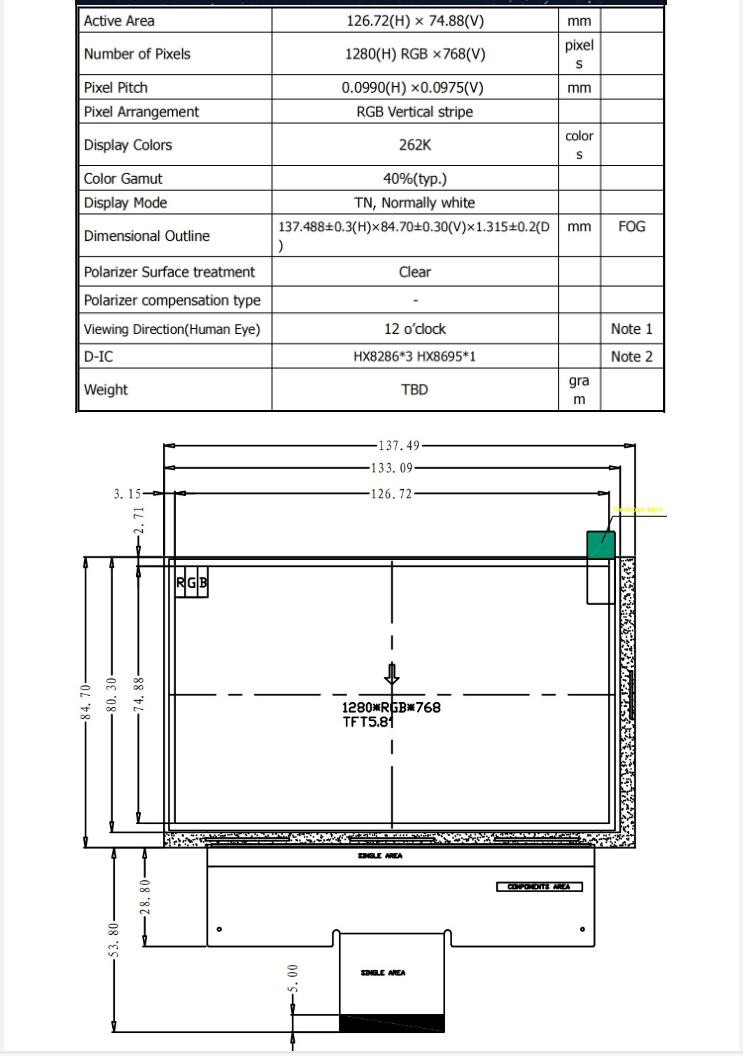5.8 Inch TFT LCD Display Module, 1280x768 Resolution. RGB Interface, 500c/D