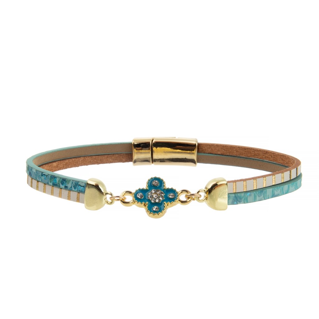 5mm Nickel Freeing PU Leather Strip Bracelet With Alloy Enamel Clover Magnets