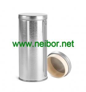 Quality silver round tea tin container with airtight plastic seal lid for sale