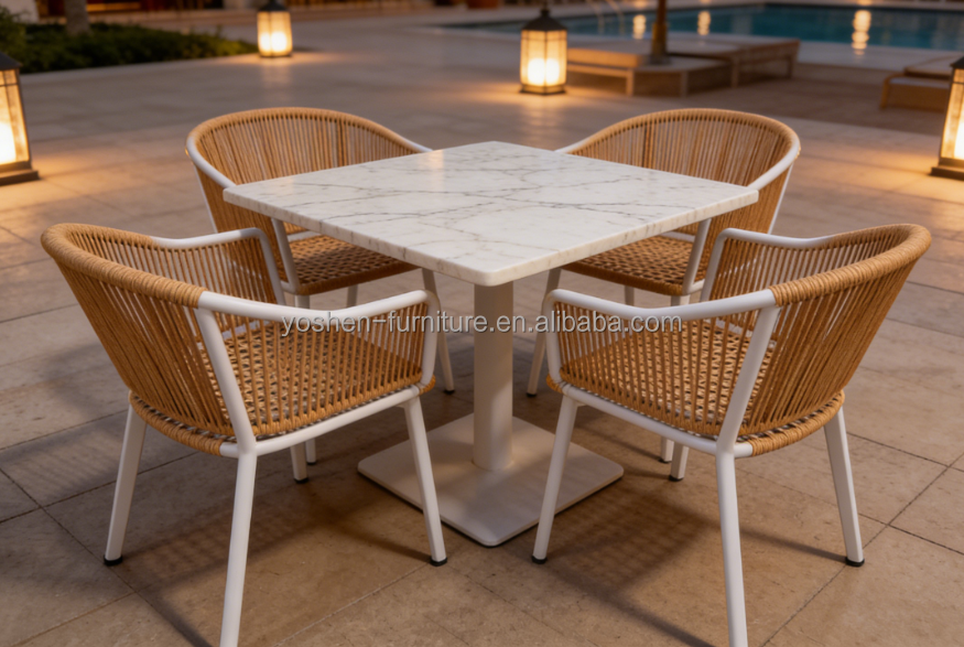 White Frame Light Beige Woven Rope Patio Chair for Outdoor Garden and Terrace