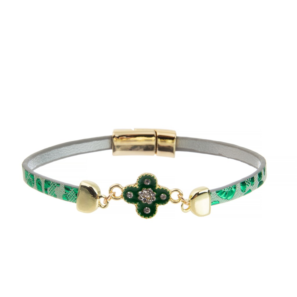 5mm Nickel Freeing PU Leather Strip Bracelet With Alloy Enamel Clover Magnets