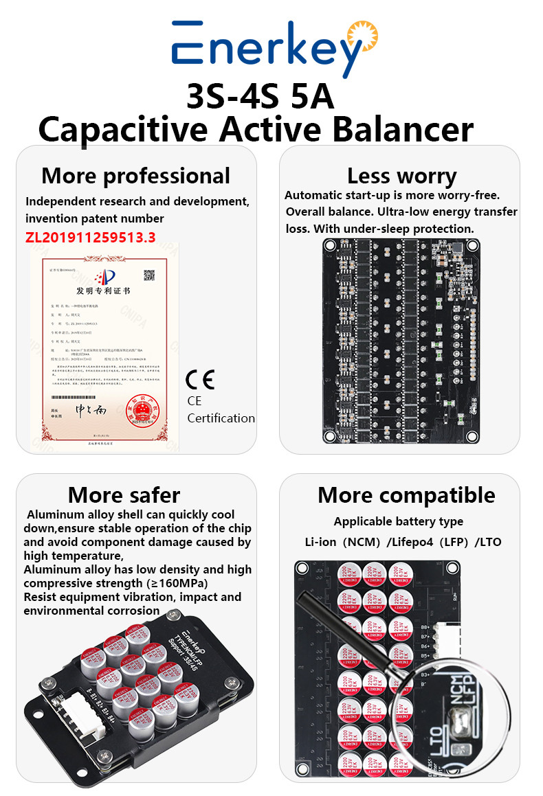 Enerkey 3S 4S 5A Lithium Active Balancer with Aluminum Alloy Shell for Li-ion/Lto/Lifepo4 Battery Whole Group Balancing