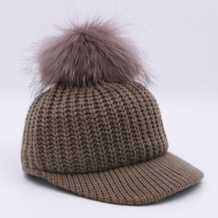 Wool Top Winter Baseball Hats , Real Raccoon Fur Mens Pom Pom Beanie Hats