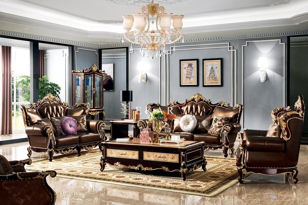 Antique Living Room Furniture Luxury Carving Leather Sofa Set