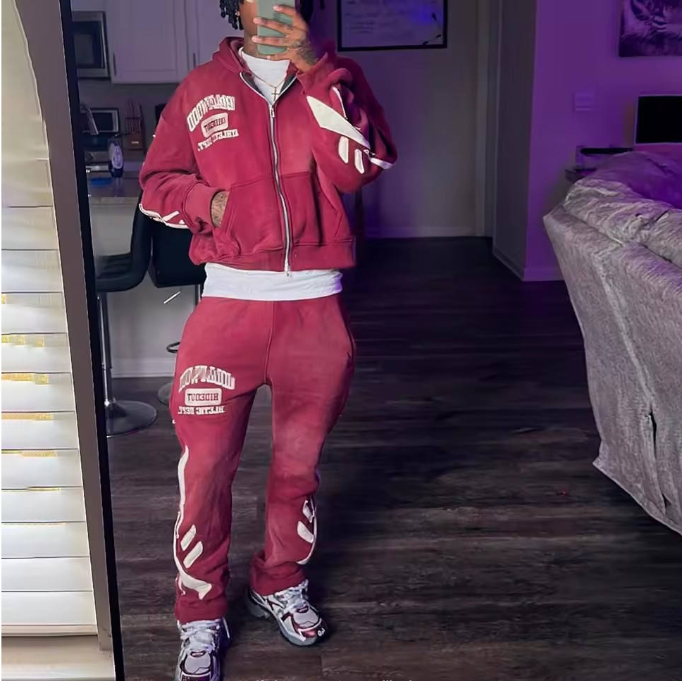 Custom Streetwear Vintage Cropped Zip Hoodie and Sweatpants Set with Towel Embroidery