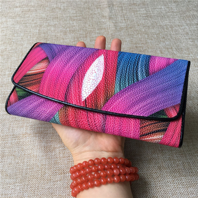 Thailand Authentic Stingray Skin Women's Card Holders Wallet Genuine Leather Female Coin Pocket Lady Large Clutch Purse