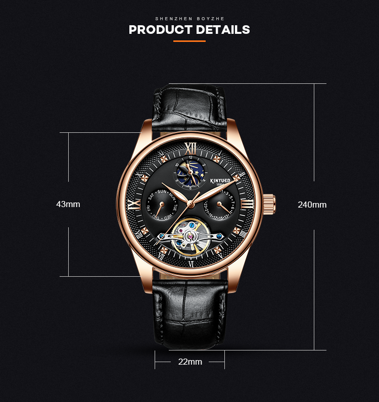 KINYUED genuine leather tourbillon mens automatic watch men moon phase watch men wristwatch