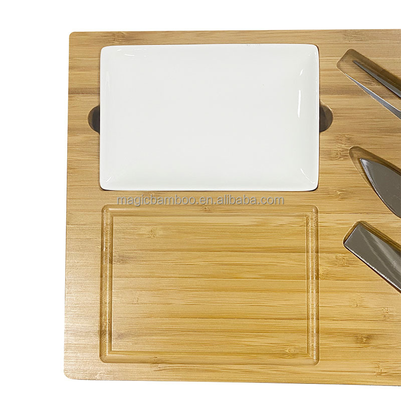 CE / EU Certified Bamboo Cheese Board Set with Three Cheese Knives and Slate Surface