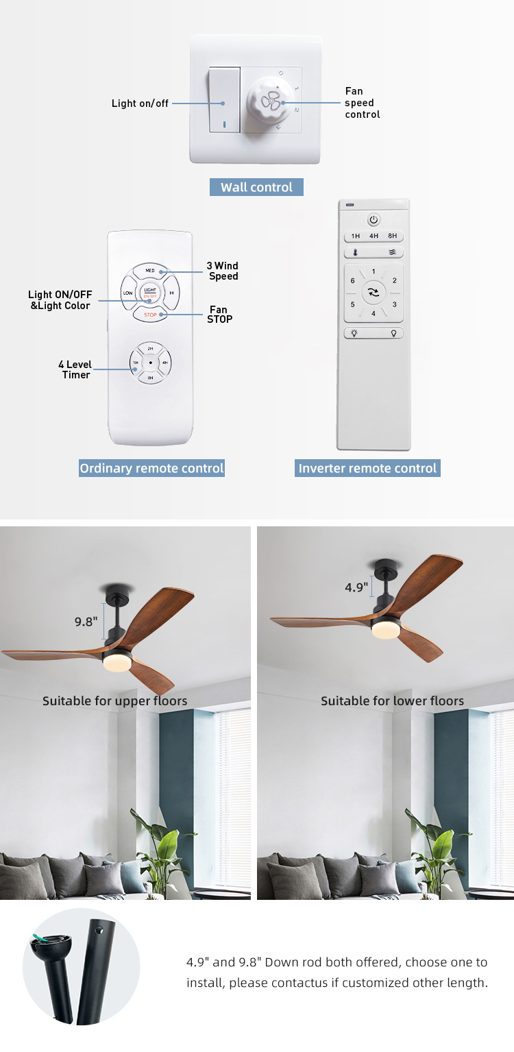Dimmable AC/DC120V 65W Smart Ceiling Fan With Light And Remote 3 Speed